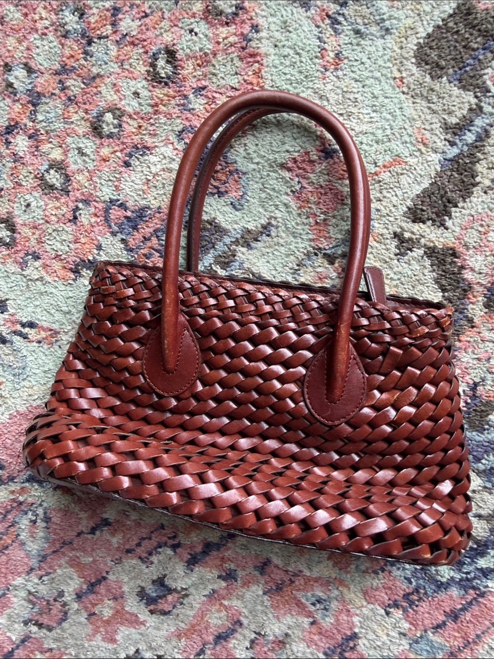 Vintage Fossil ZB8409 Genuine Woven Leather Tote Satchel Brown Cognac Handbag